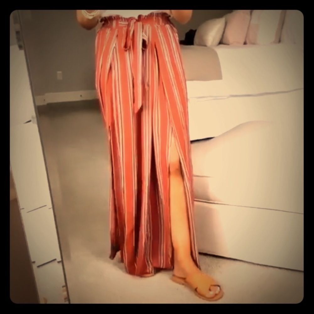 Boho High Waist Split Stripe Wide Leg Pants